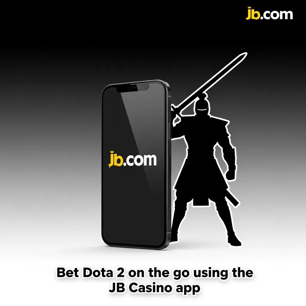 Hand holding smartphone with JB Casino app for Dota 2 betting, live odds, stats, and cash-out while watching matches.