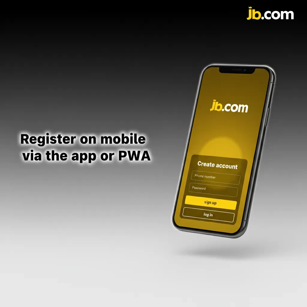 Phone showing JB Casino mobile registration via app or PWA using Add to Home Screen, Sign up, fields, SMS/email verification.